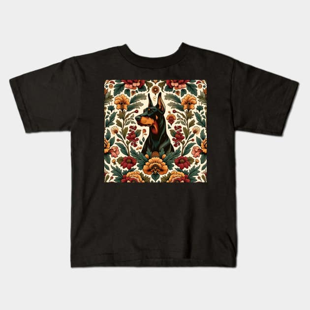 Dobermann in floral design Kids T-Shirt by Drew-Drew